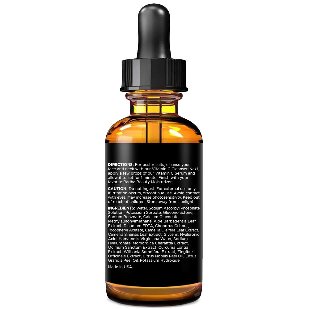 Radha Beauty Vitamin C Serum for Face, 2 fl. oz - 20% organic Vit C + E + Hyaluronic Acid - can also be used on the eye area