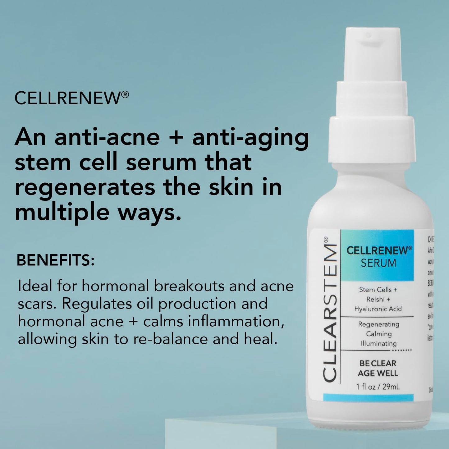 CLEARstem Anti-Aging Peptide & DNA Repair Serum - Collagen Stem Cell - Organic Topical Facial Serum with Hyaluronic Acid - Hydration Moisturizer - Scar Removal & Acne-Safe - Made in the USA - 1 fl oz.