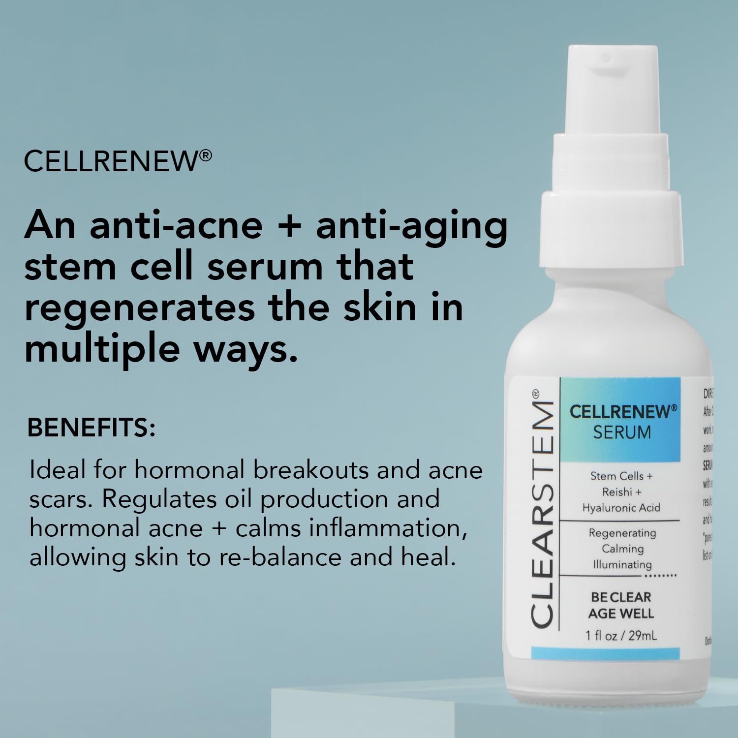 CLEARstem Anti-Aging Peptide & DNA Repair Serum - Collagen Stem Cell - Organic Topical Facial Serum with Hyaluronic Acid - Hydration Moisturizer - Scar Removal & Acne-Safe - Made in the USA - 1 fl oz.