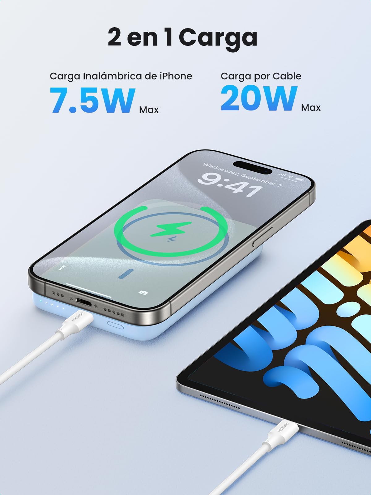 Power Bank UGREEN Azul Carga Rápida Inalámbrico PD 20W USB C Magnético