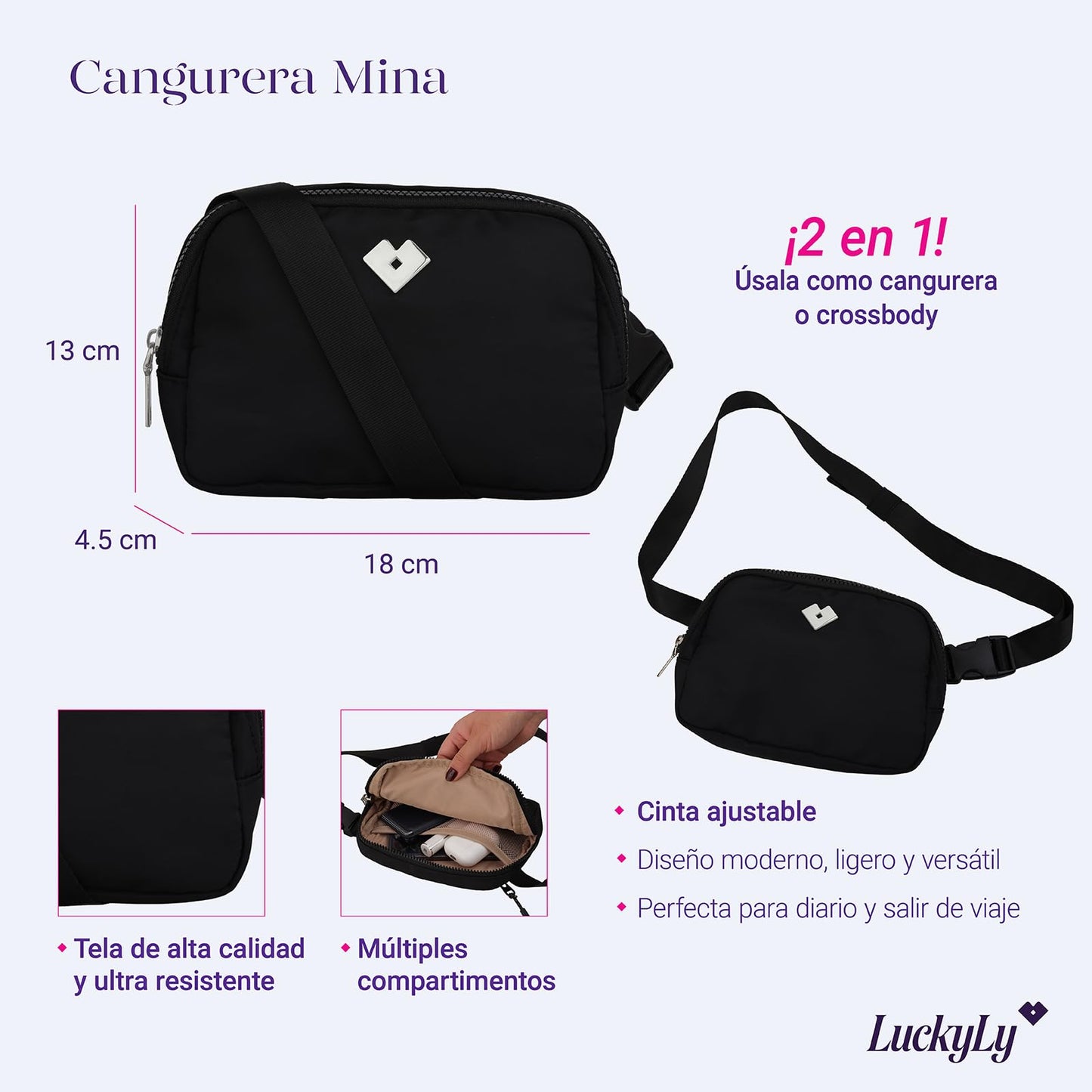 LuckyLy Cangurera para Mujer Deportiva y de Viaje, Bolsa Crossbody y Bandolera tipo Riñonera, Ligera, Repelente al Agua y con Múltiples Compartimentos, Regalos para Mujer y Mamá – Modelo Mina, Negra