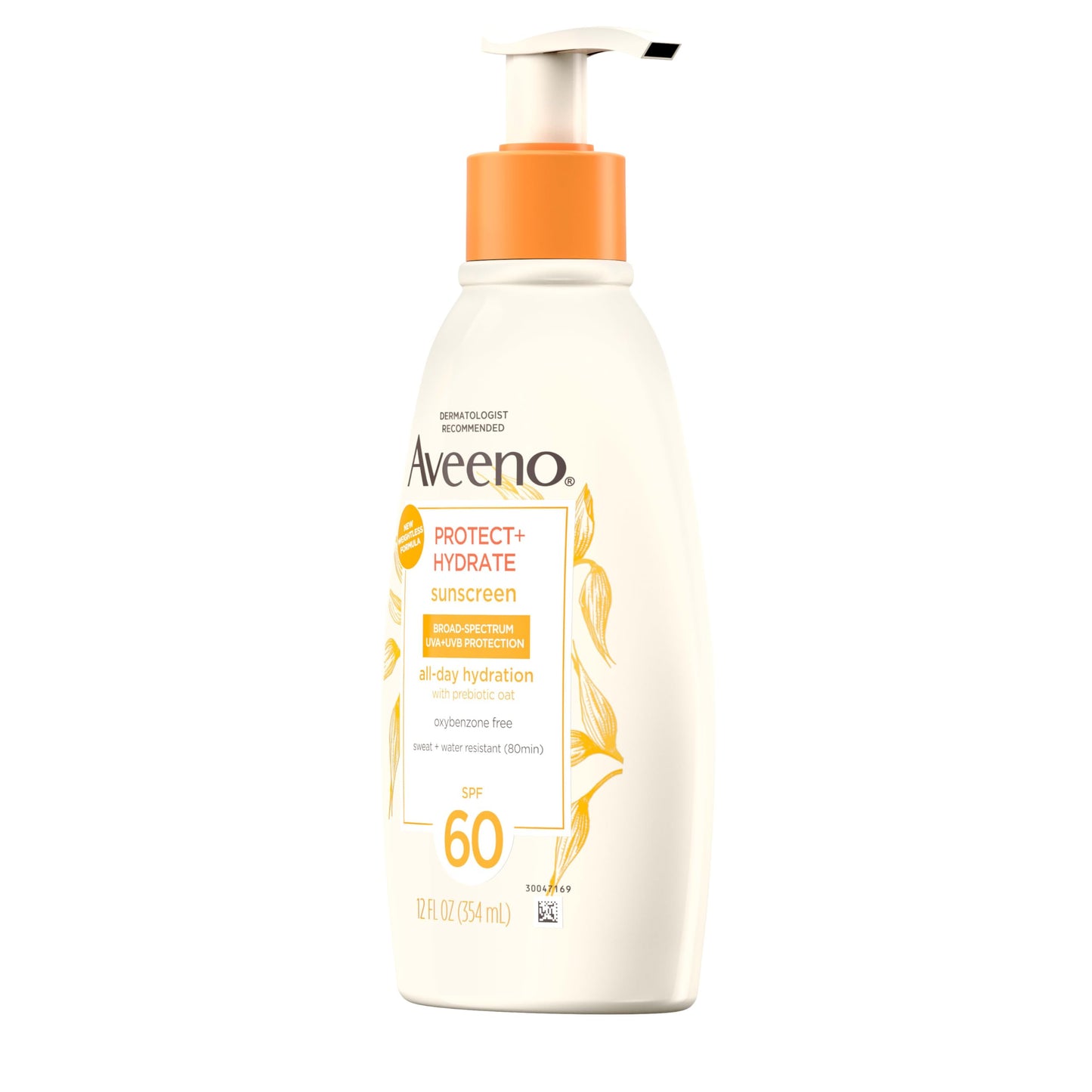 Aveeno Protect + Hydrate Moisturizing Body Sunscreen Lotion with Broad Spectrum SPF 60 & Prebiotic Oat, Weightless, Paraben-Free, Oil-Free & Oxybenzone-Free, Pump Bottle, 12.0 fl. oz
