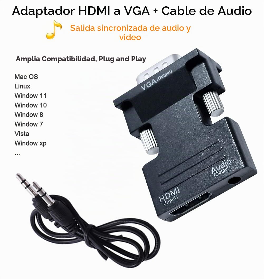 Adaptador HDMI a VGA DTECH Negro con Puerto de Audio para Monitor de Computadora, Proyector de PC, Video 1080P