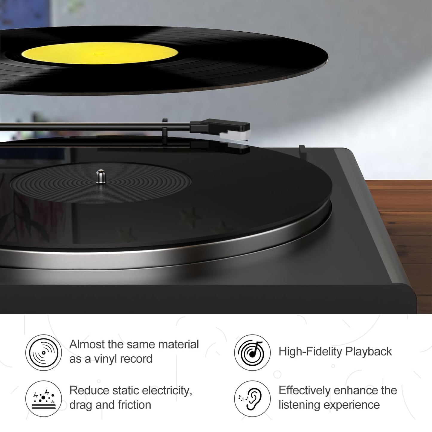 Tapete para Tocadiscos, Bandeja de Registro: Bandeja de Acrílico para Tocadiscos, Alfombrilla Antideslizante de Vinilo para Tocadiscos, Antiestáticos, Más Apretados y Definidos (e - Alfombrilla Negra)
