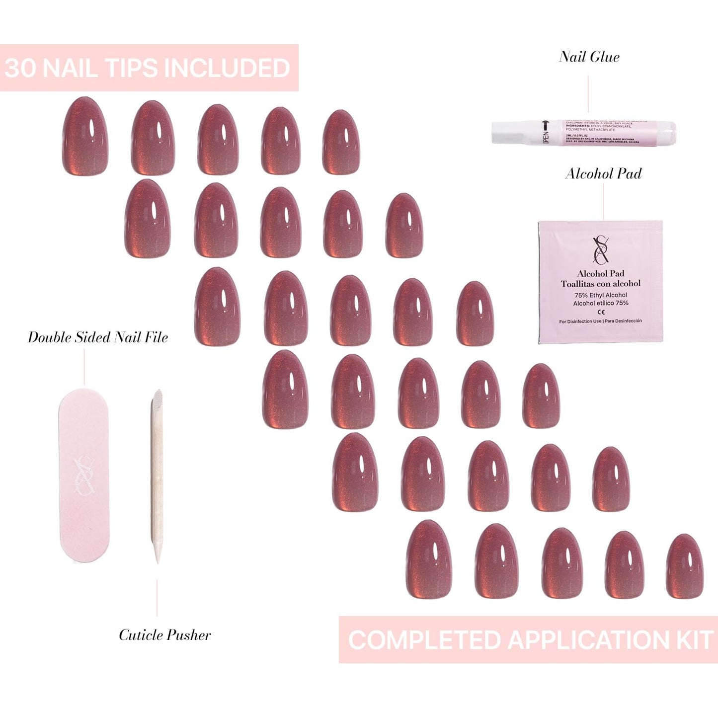 SXC Uñas postizas de la marca Cosmetics | Serie X1, almendra corta (035 Berry Chrome)