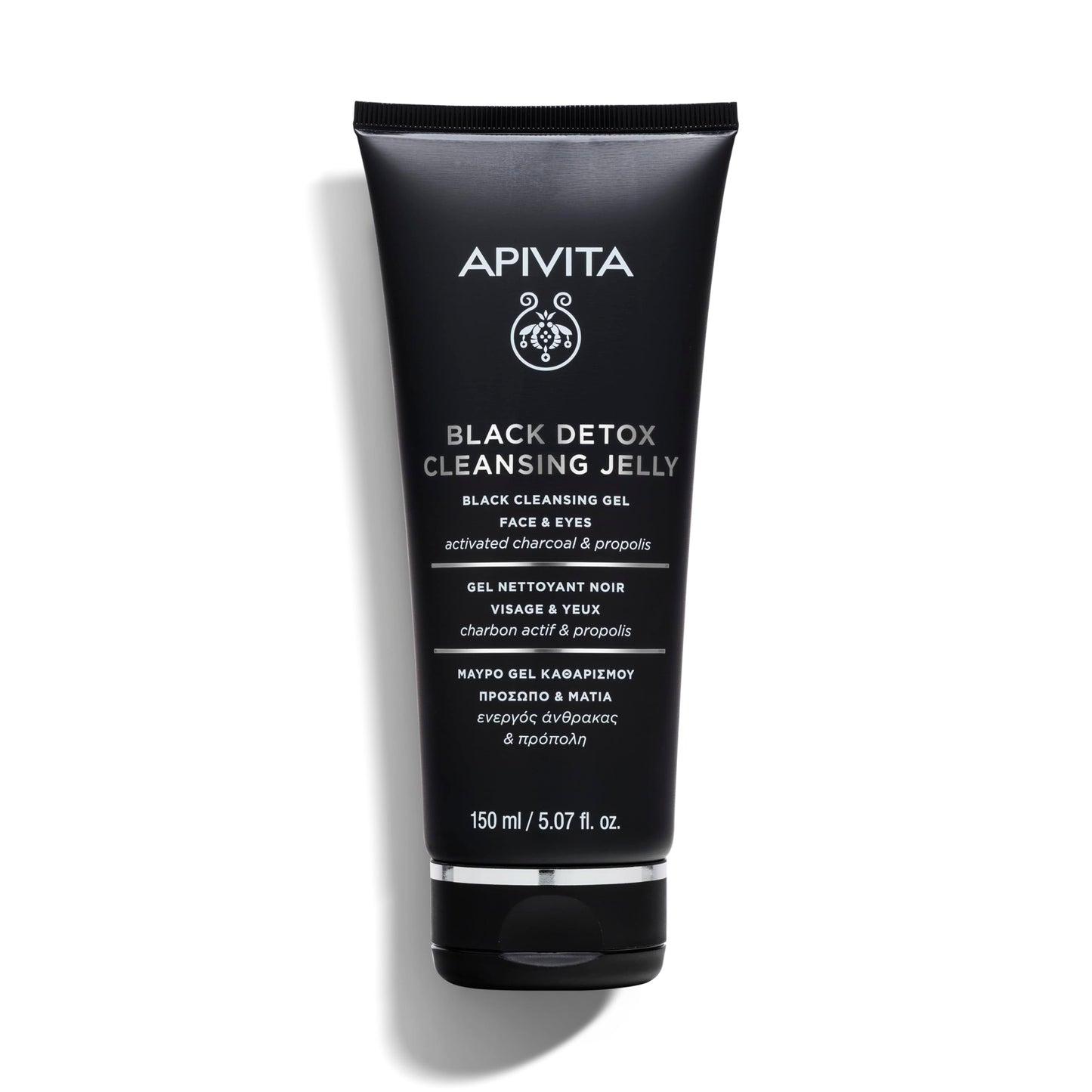 Apivita Gel Limpiador Black Detox 150ml – Rostro y ojos, limpiador facial y desmaquillante - Lavado facial natural con carbón activado y propóleo - Atrae contaminantes como un imán, deja la piel fresca