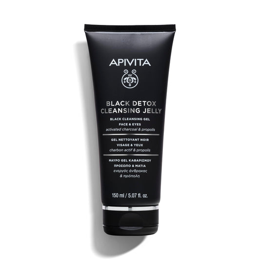 Apivita Gel Limpiador Black Detox 150ml – Rostro y ojos, limpiador facial y desmaquillante - Lavado facial natural con carbón activado y propóleo - Atrae contaminantes como un imán, deja la piel fresca