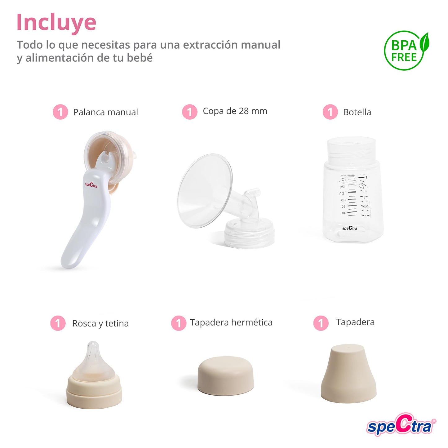 Spectra Extractor de Leche Manual de Cuello Ancho | Saca leche Manual Portátil, Succión Suave y Eficiente | Extractor Lactancia, Biberón, Almacenamiento Leche Materna, Libre de BPA | Copa 28mm