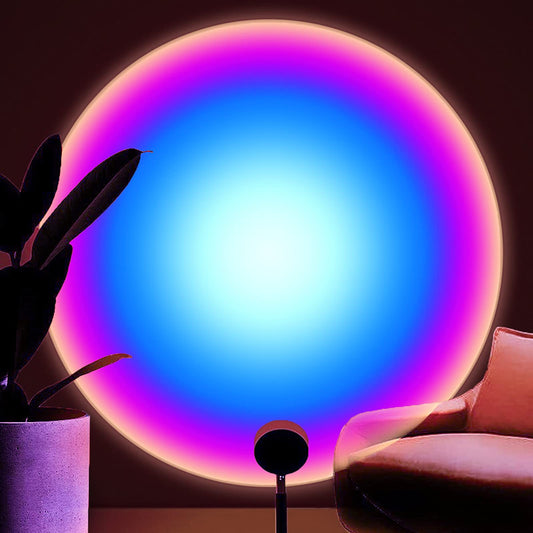 Balkwan Lámpara de puesta de sol con rotación de proyección, arco iris, luz LED romántica, luz roja con USB moderno soporte de piso para sala de estar y recámara (púrpura arcoiris)