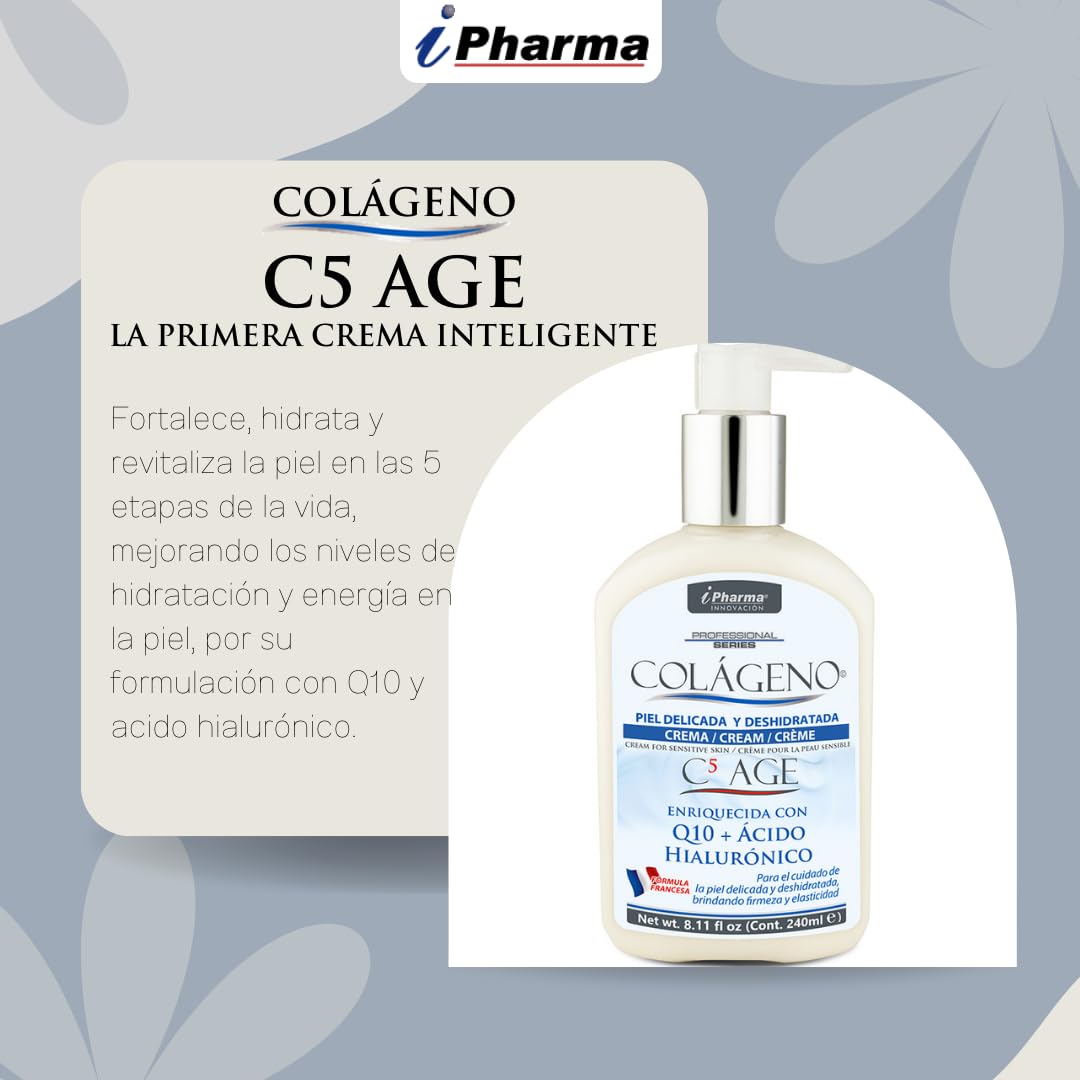 Crema con Péptidos de Colágeno tipo l lll llV Vll y XVll Enriquecida con Ácido Hialurónico, Q10 Colágeno C5 AGE 240 ml