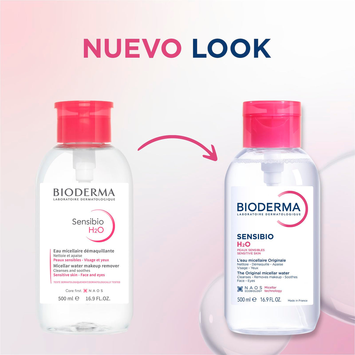 BIODERMA, Agua Micelar, Sensibio H2O Pump, Desmaquillante para Piel Sensible, Calma y Reduce la Irritación, 500 ml