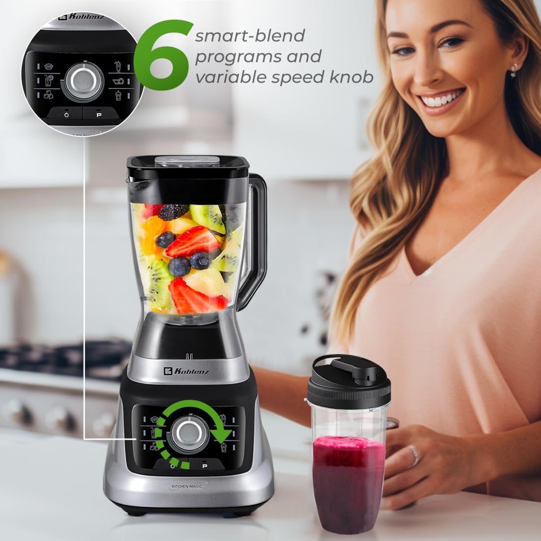 Koblenz Licuadora Profesional LKM-9610, Tecnología Reversible, 1400W, 2L Vaso Tritán +2 Vasos Personales 900ml, Perilla de Velocidad Ajustable, 6 Programas Automáticos, Sistema Metálico, Plateado