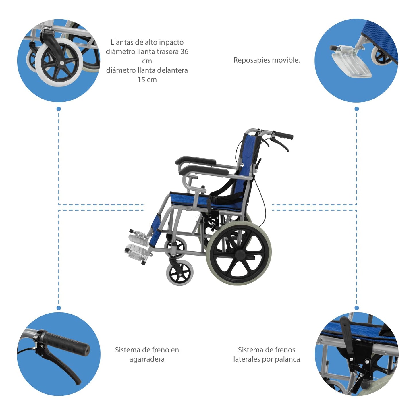 Silla De Ruedas Ligera ONOF Azul Todos Terrenos Con Freno de Mano para Adulto y Adulto Mayor
