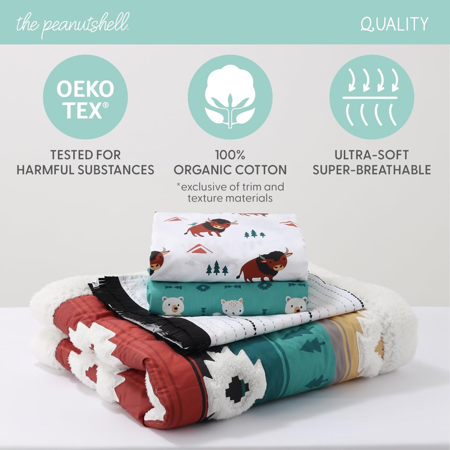 El juego de ropa de cama de 4 piezas para cuna The Peanutshell para niños y niñas - Decoración de cama de guardería para recién nacidos, bebés y niños pequeños con dos sábanas para cuna, volante y