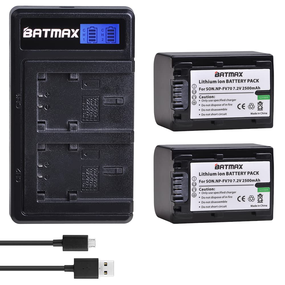 Batamx 2 Packs 2500mAh NP-FV70 NP FV70 NPFV70 Batteries&LCD USB Charger for Sony NP-FV50 FV30 HDR-CX230 HDR-CX150E HDR-CX170 CX300 Z1 and More