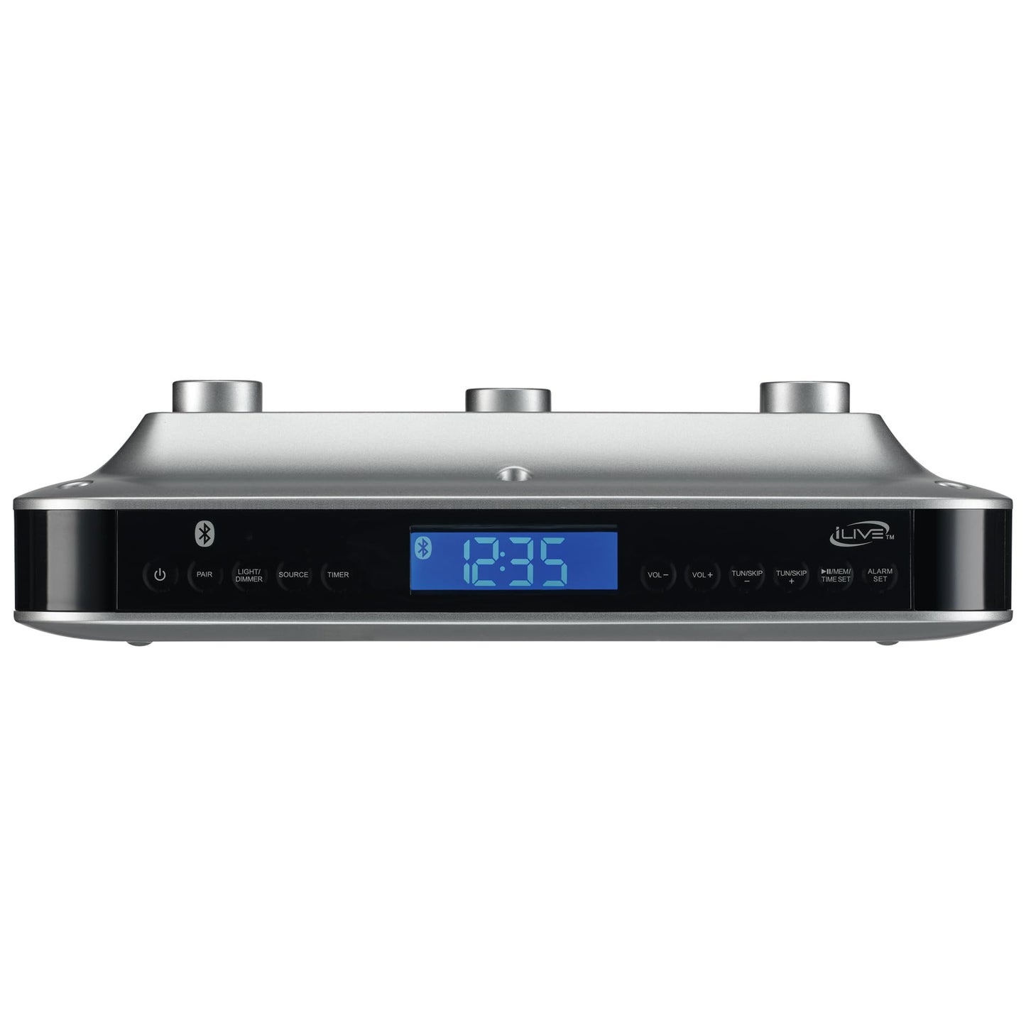 iLive - Sistema de música para debajo del gabinete con altavoces estéreo integrados y radio FM/puerto USB compatible con archivos MP3, puerto auxiliar, Bluetooth, reloj y temporizador con