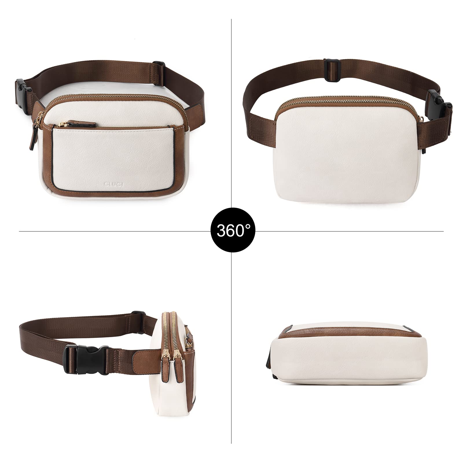 CLUCI - Riñonera para mujer, mini bolso cruzado en todas partes, correa ajustable, piel vegana, riñonera para mujer, A-0 Blanco roto con café, Una talla