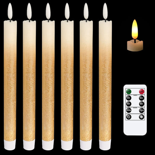DRomance - Velas cónicas doradas sin llama funcionan con pilas con temporizador remoto, cera real 3D con mecha, velas LED parpadeantes, decoración de cena, boda, día festivo (paquete de 6, 0.78 x 9.64