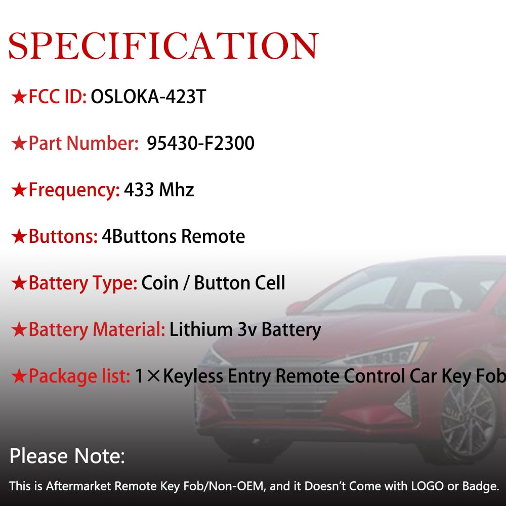 MechanMagic - Llave de repuesto para mando a distancia Hyundai Elantra OSLOKA-423T de entrada sin llave 95430-F2300 433MHz