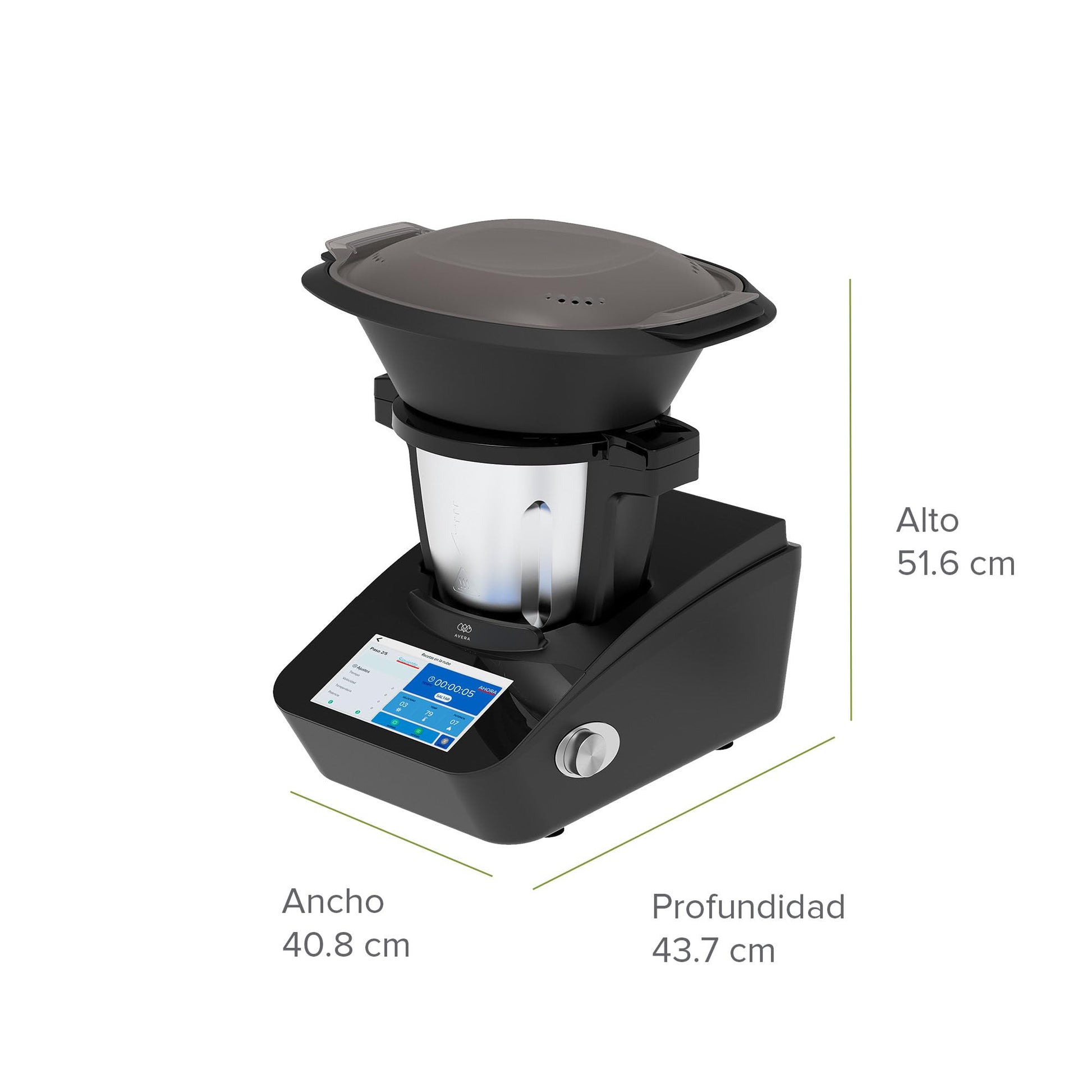 Avera Chef | Robot de Cocina Inteligente WiFi con Báscula y Recetario Digital (+1000 Recetas) | 30 Funciones: Guisar, Batir, Amasar | Pantalla Táctil, Vaporera | Capacidad 4.7 L | RC01