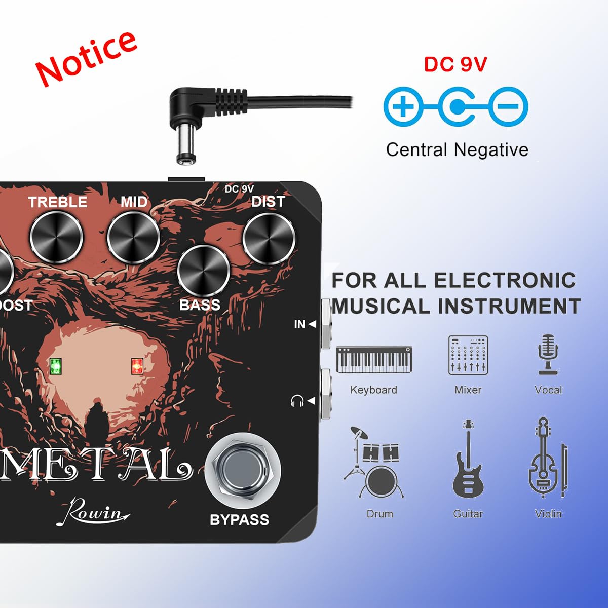 Pedal de Efecto para Guitarra Rowin LTL-03 Metal con True Bypass y Caja Metálica Completa