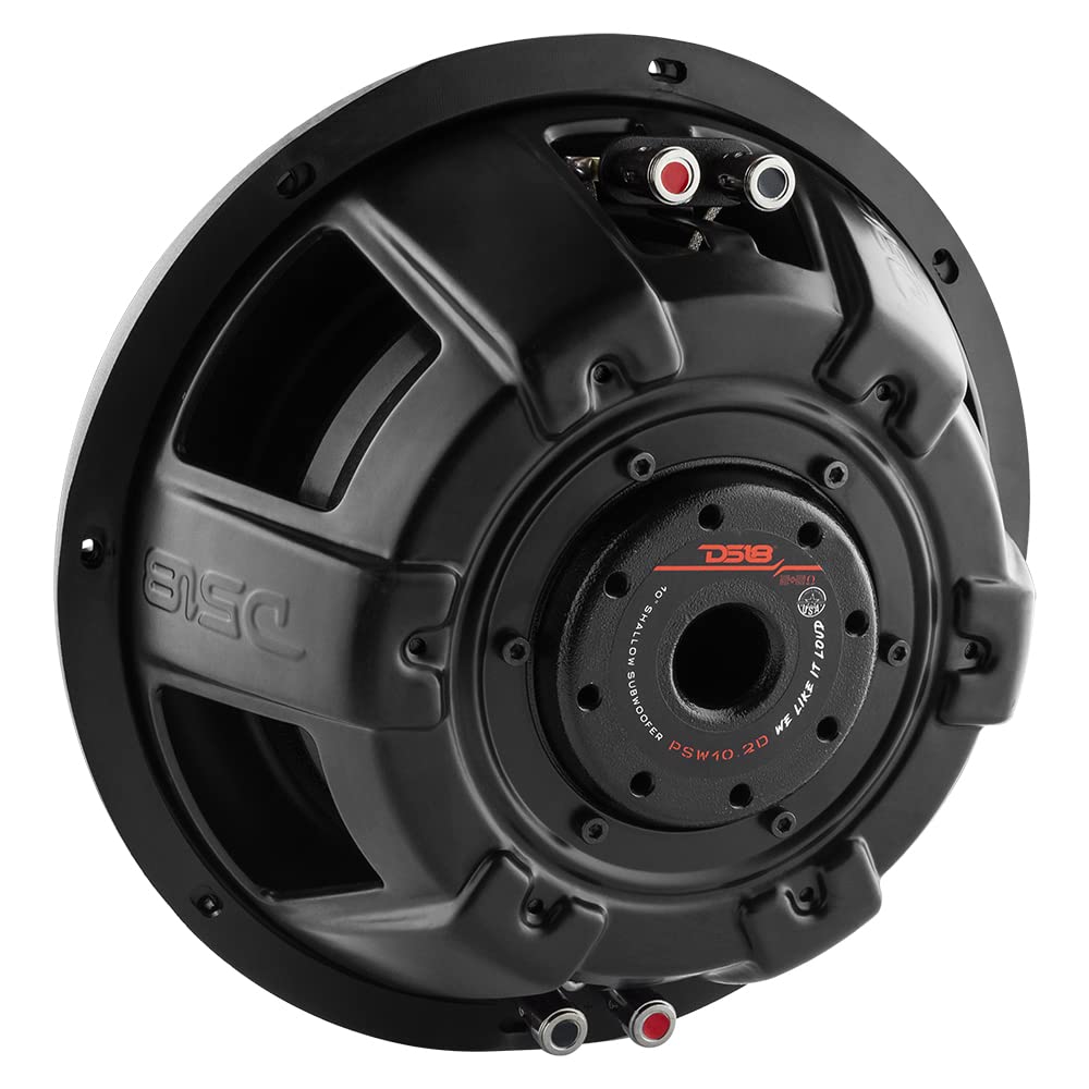 DS18 PSW10.2D - Subwoofer de montaje poco profundo de 10 pulgadas, 1000 vatios, potencia máxima de 500 vatios, bobina de voz dual RMS 2+2 OHMS resistente al agua, el mejor sub para espacios reducidos en coches y camiones - 1 altavoz