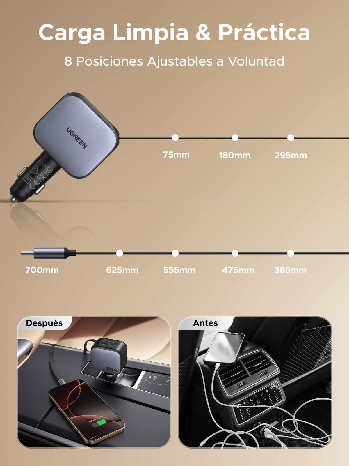 Cargador para Auto UGREEN Negro 145W 4 en 1 con Cable Retráctil USB C