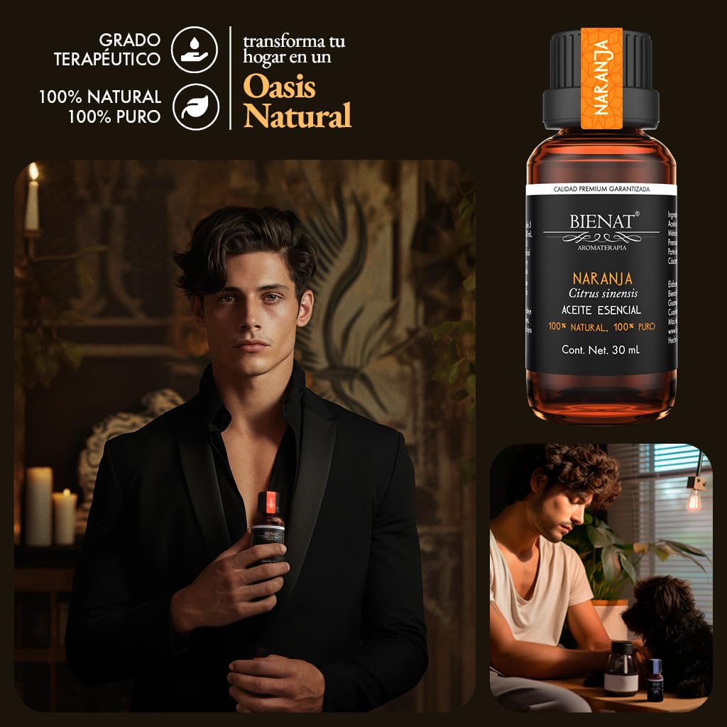 BIENAT AROMATERAPIA Aceite Esencial de Naranja 30mL | 100% Puro y Concentrado | Ideal para Difusor de Aromas, Humidificador, Aromaterapia, Masajes, Meditación, Jabones y Velas | Esencia Natural en Gotas