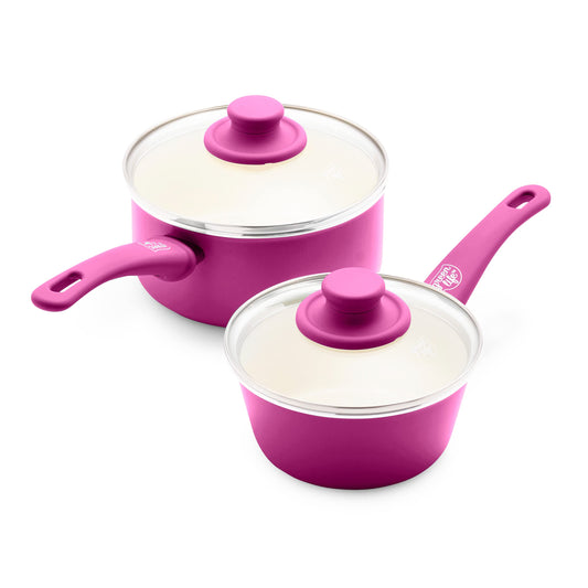 GreenLife - Juego de cacerolas antiadherentes de cerámica Soft Grip Healthy con tapas, 1 y 2 cuartos de galón, rosa brillante