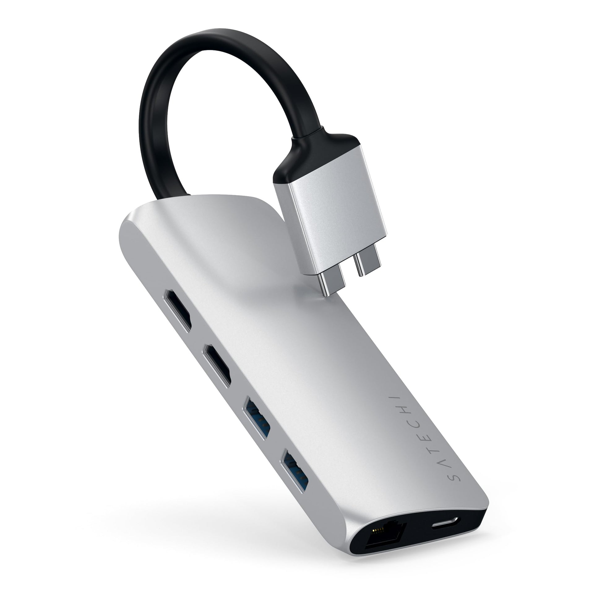 Adaptador USB C Doble Satechi Plata con HDMI 4K y Lector de Tarjetas para MacBook Pro/MAX M2/M1