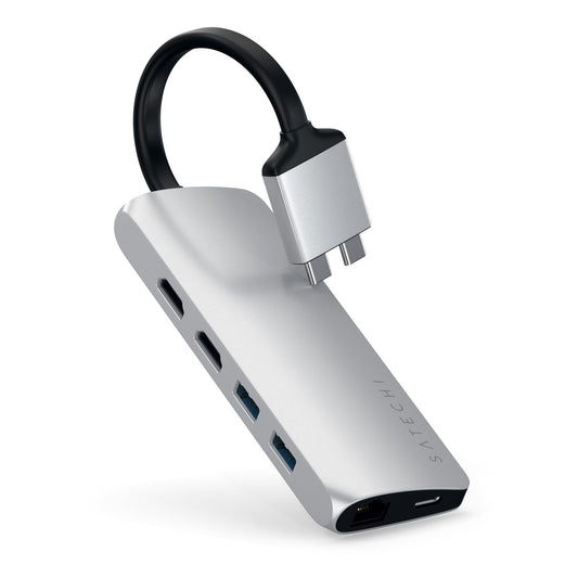 Adaptador USB C Doble Satechi Plata con HDMI 4K y Lector de Tarjetas para MacBook Pro/MAX M2/M1