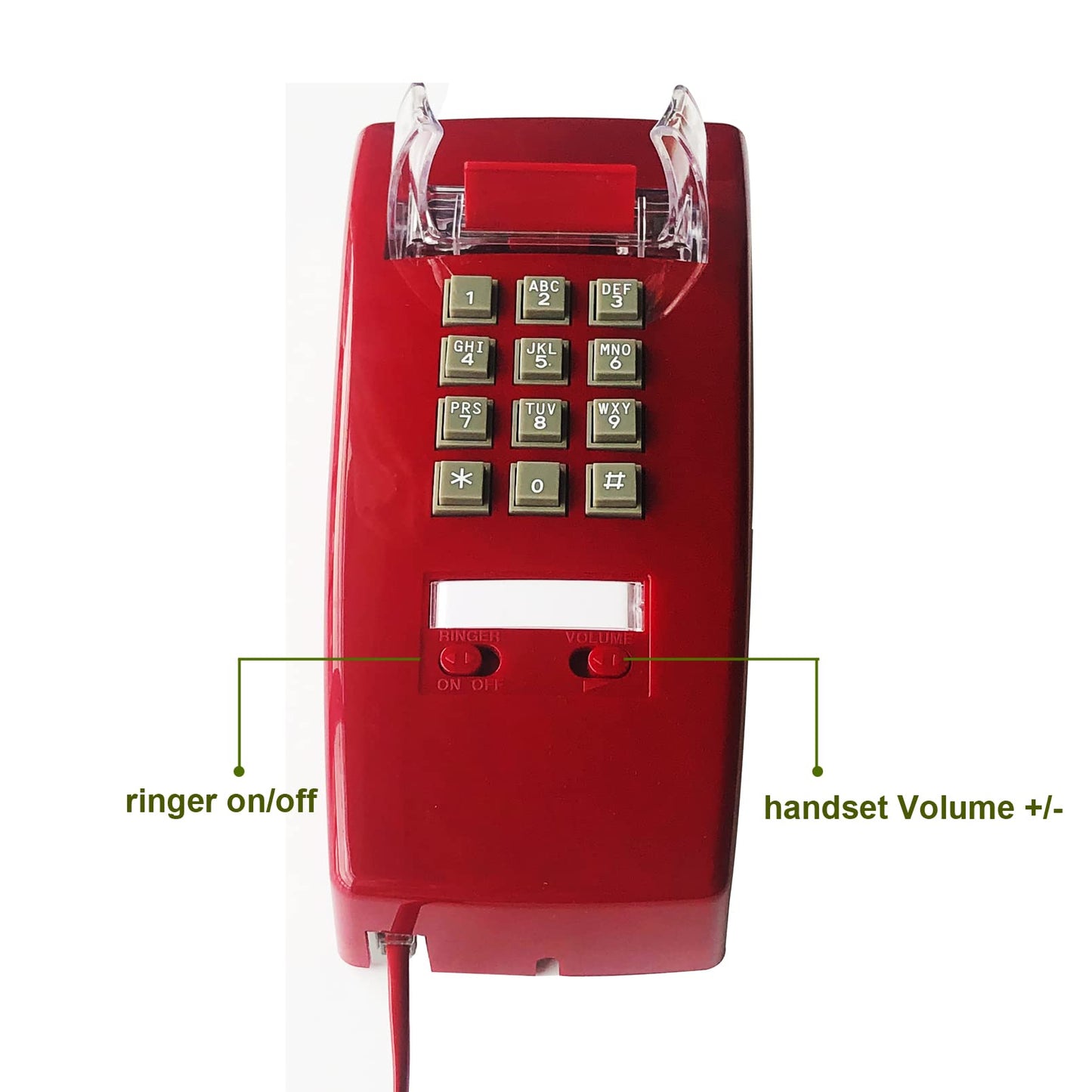 Teléfono de pared rojo, teléfono fijo montado en la pared, teléfono de pared clásico chapado en pared de plástico para hogar, oficina, hotel, cabina de teléfono, teléfono analógico antiguo ajustable