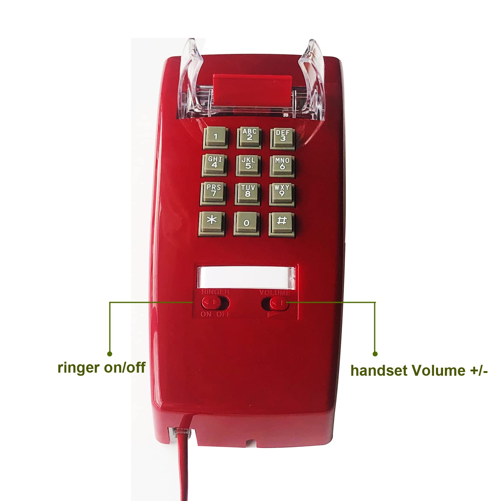 Teléfono de pared rojo, teléfono fijo montado en la pared, teléfono de pared clásico chapado en pared de plástico para hogar, oficina, hotel, cabina de teléfono, teléfono analógico antiguo ajustable