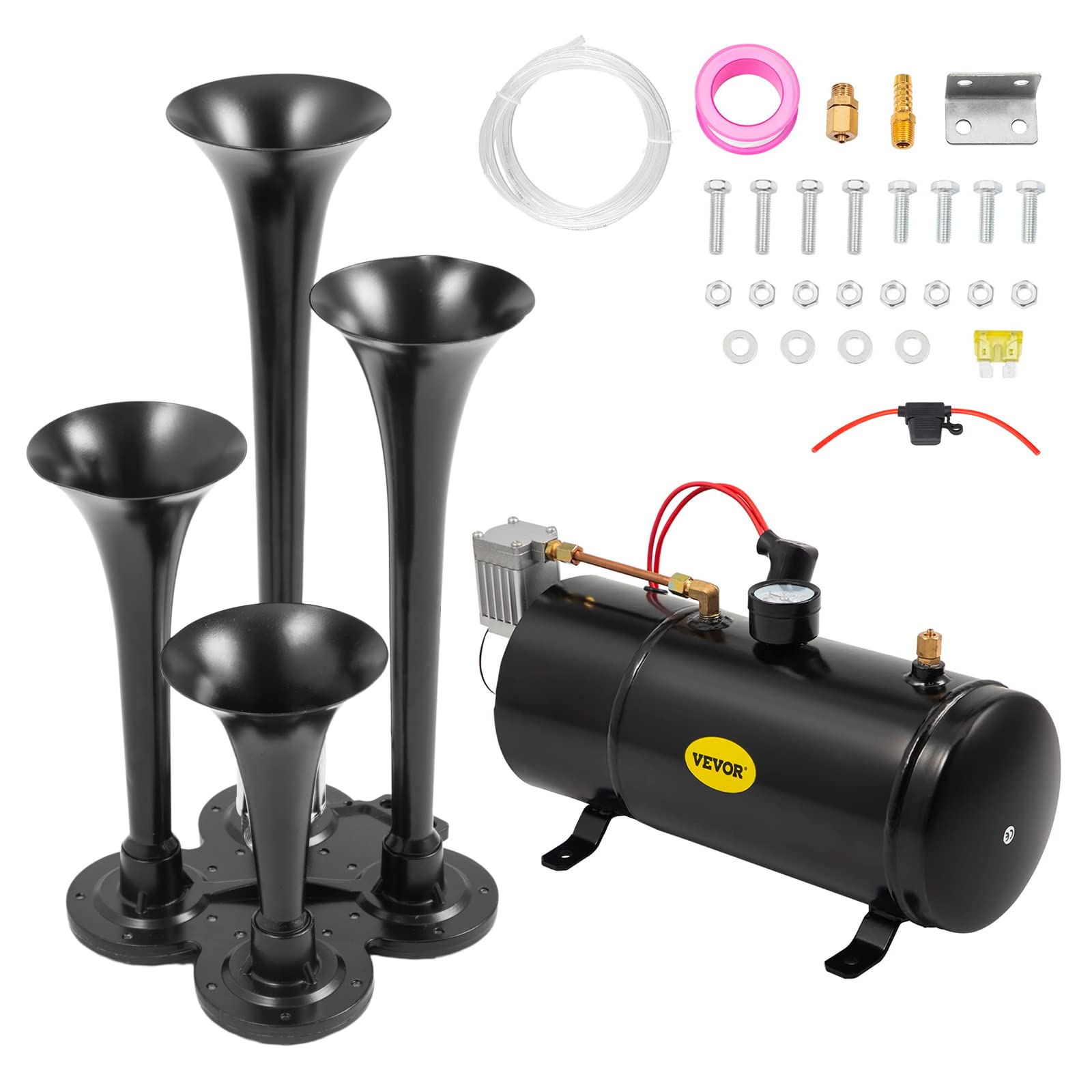VEVOR Kit de bocinas de tren de 150 dB, 4 trompetas súper fuertes con compresor de aire de 120 PSI 12 V, tanque compresor de aire para cualquier vehículo, camión, coche, Jeep o SUV (negro)