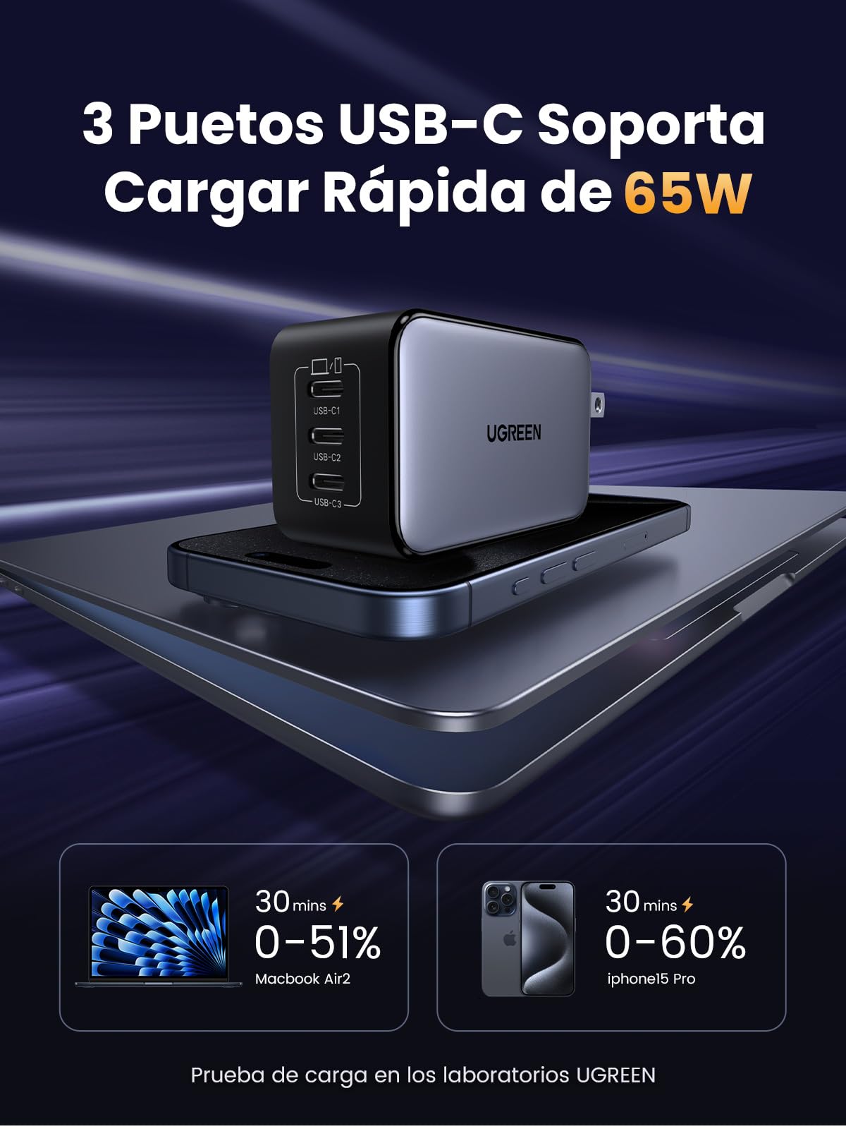 Cargador USB C 65W UGREEN Blanco Nexode GAN con 3 Puertos Compatible con iPhone Galaxy MacBook iPad Pixel Steam Deck