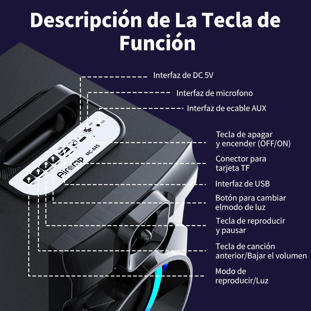 AIRAMP Bocina Portatil Bluethooth de 20W con Subwoofer Activo Karaoke Bocina y Micrófono Inalámbrico,Bocina Bluetooth Grande Caja de Madera, Sonido Estéreo, Batería Recargable, TWS, USB/TF/AUX/FM