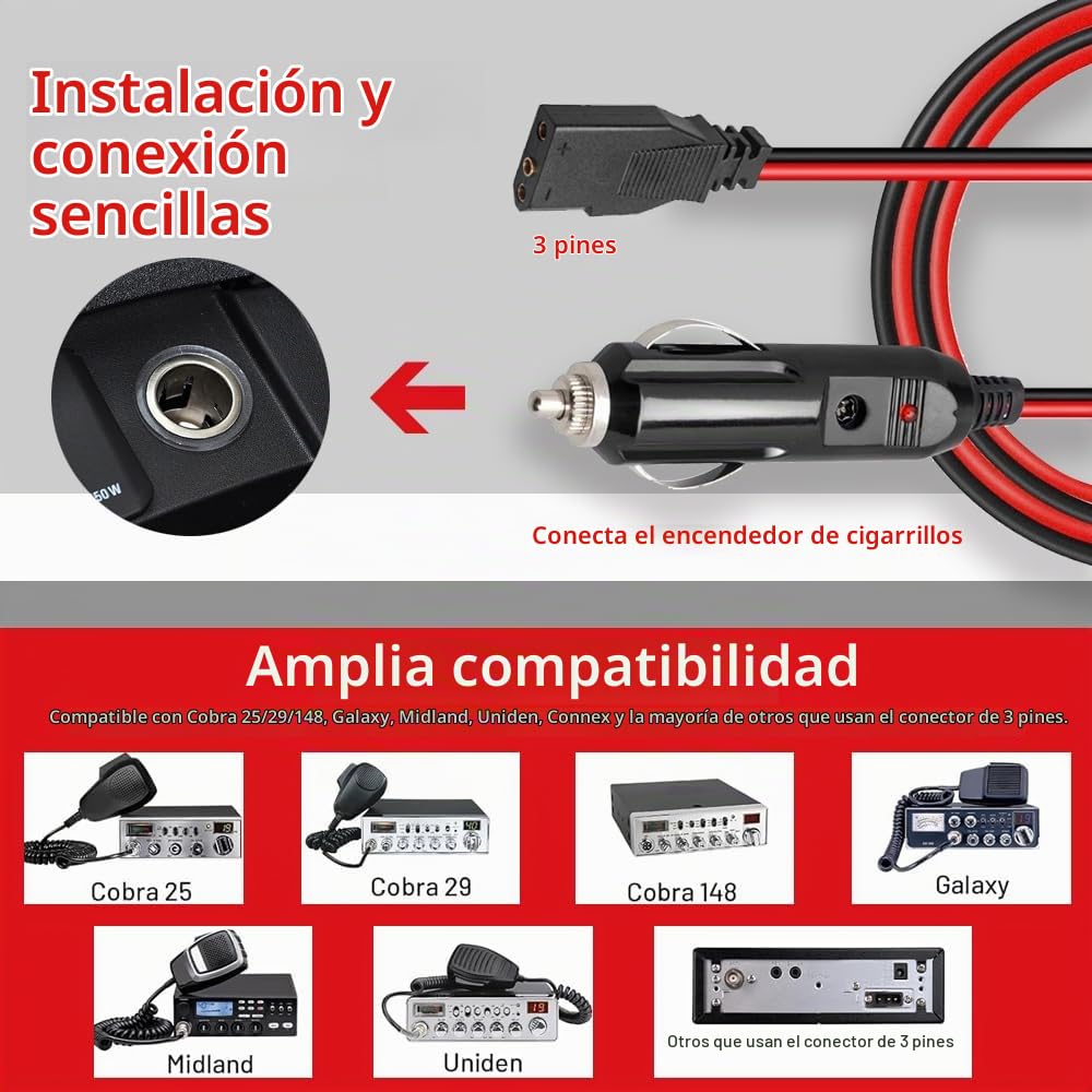 Cable de Alimentación Cobra Negro Alta Resistencia 16AWG 59 Pulgadas Compatible con Radio CB