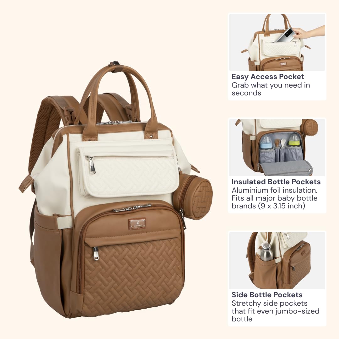BabbleRoo - Mochila para pañales de cuero, mochila grande multifunción con cambiador y correas para el carrito y estuche para chupete, mochila de viaje elegante unisex, bolsa cambiadora de pañales