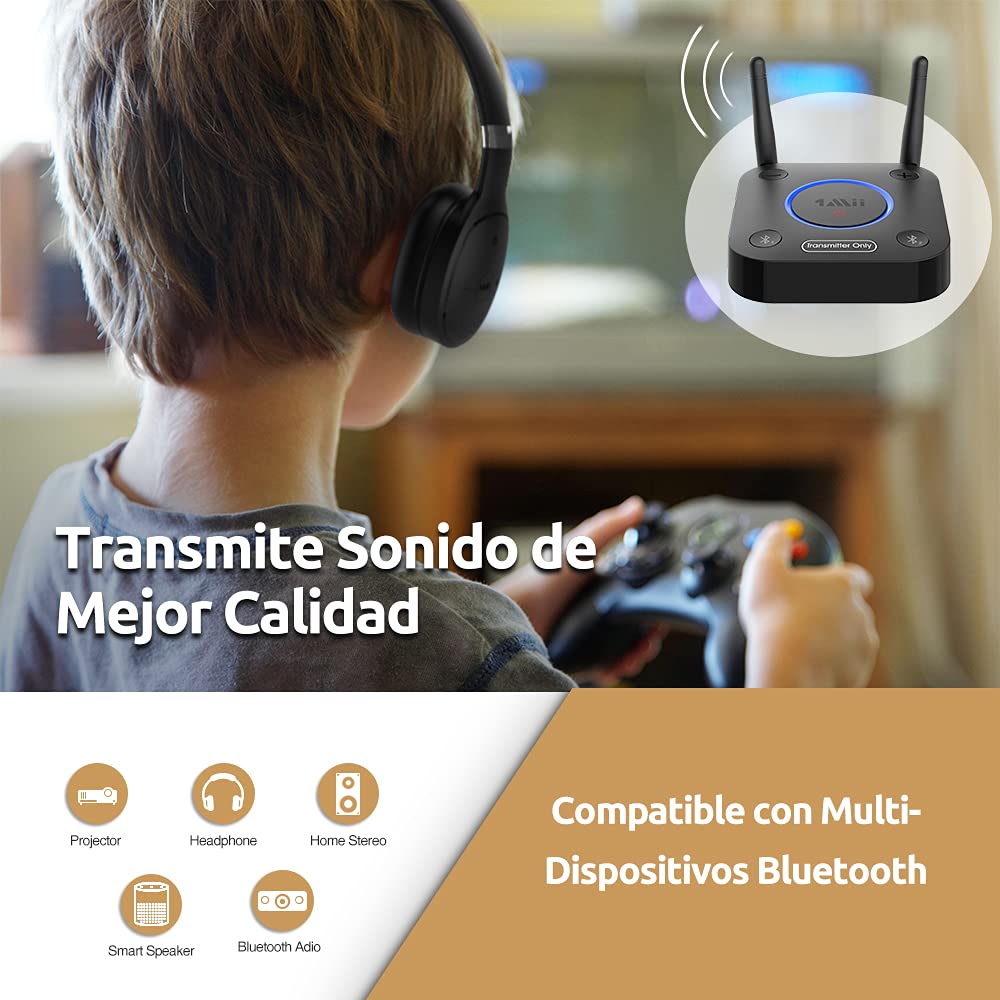 Transmisor Bluetooth 5.2 1Mii Negro con Entrada Óptica y Largo Alcance para TV