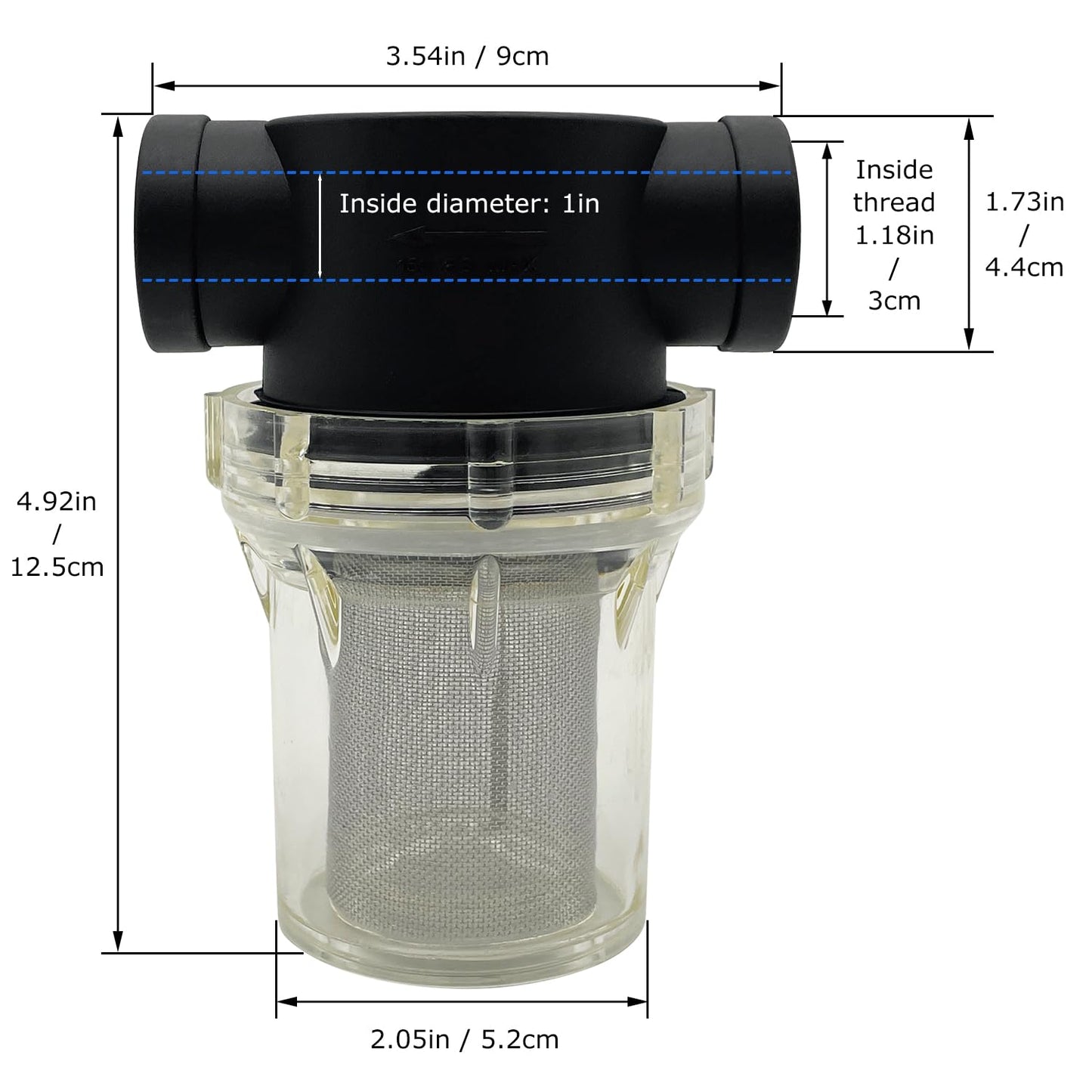 Colador hembra NPT en línea con visualización de filtro de acero inoxidable (malla 40 de 1 pulgada)