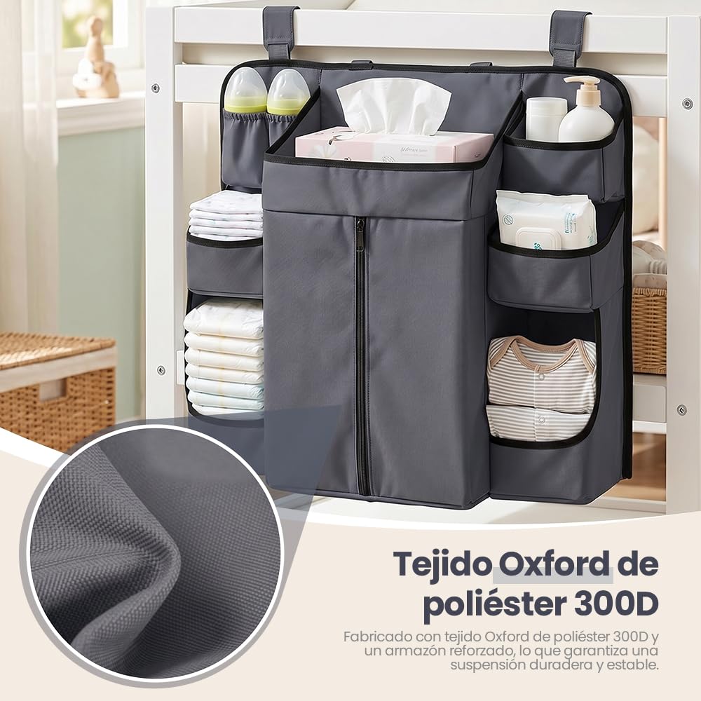 Organizador de Pañales para Bebe, Organizador de Cuna Colgante para Cosas de Bebé, Múltiples bolsillos y compartimentos para guardar pañales, biberones (Gris Oscuro)