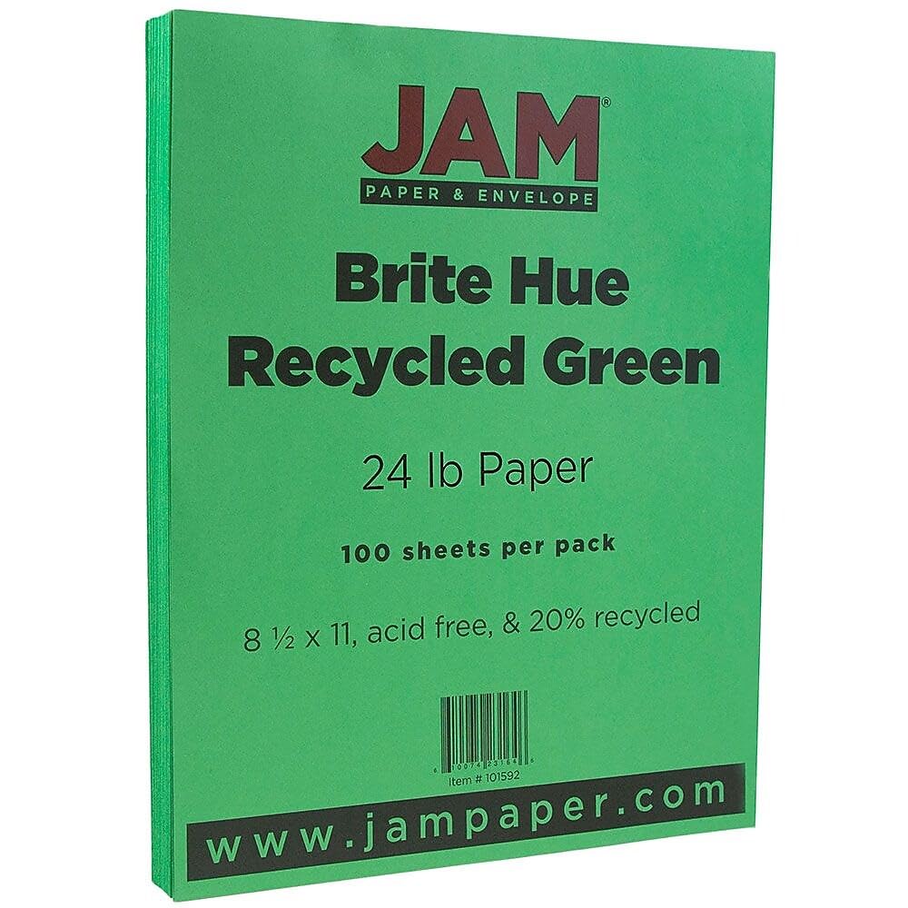 JAM PAPER Papel de color de 25 libras, 90 g/m², 8,5 x 11 pulgadas, verde reciclado, 100 hojas/paquete