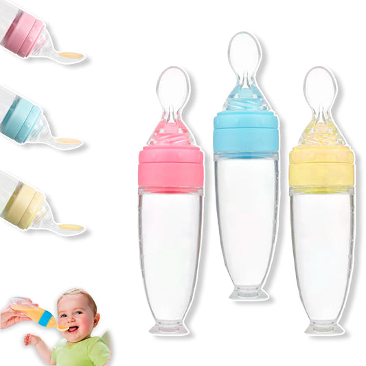 Cuchara Alimentadora para Bebés Dispensador de papillas de Silicona Flexible con Ventosa Libre BPA 90ml (Azul)