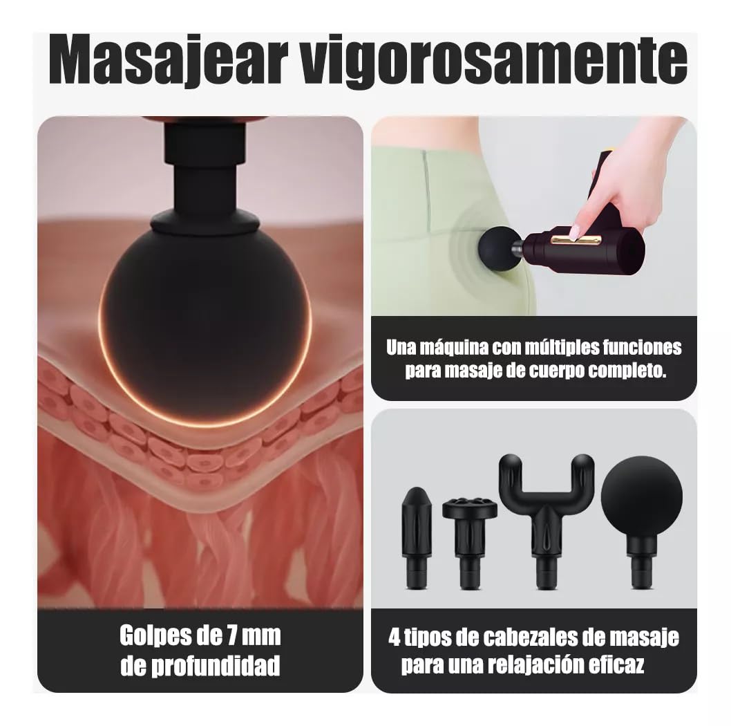Pistola de Masaje Muscular con 4 Cabezas, Carga USB Masajeador Portatil Muscular, Mini Masajeador de 6 Velocidades Masaje Profesional para Musculos, Ligamentos y Tejidos (Negro-1)