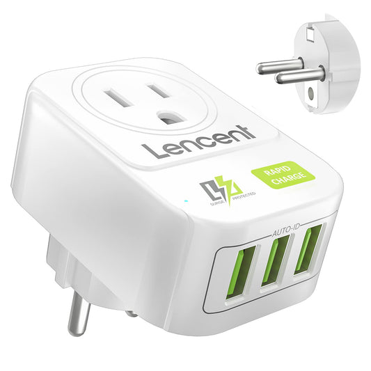 LENCENT Adaptador de Viaje Europeo[Tipo E/F], Enchufe UE con 3 Puertos USB, USA Schuko Plug Outlet Adaptador de Corriente para Europa (Alemania Francia España Islandia Portugal Turquía y Más), Blanco