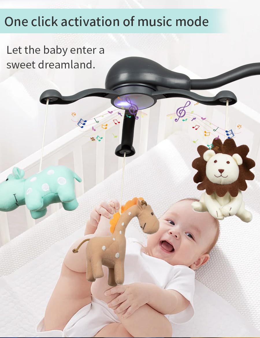 Hougyi Baby Music Mobile for Crib Playpen with Nursy Lights,Relaxing Music and Natural Sounds. Includes Light Projector with Stars and Shapes. Newborn Nursery Toys with Cradle Vibration. (Grey)