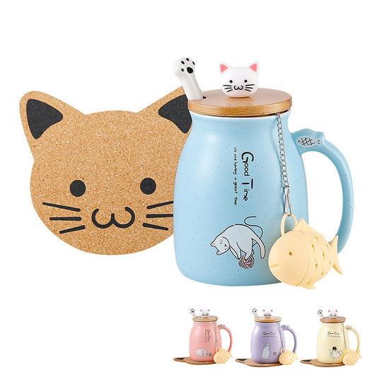 BigNoseDeer - Taza de cerámica con infusor y tapa, taza de té para gatos Kawaii, taza de té con forma de cuchara y taza de té, lindos regalos para mujeres (azul 13 onzas)