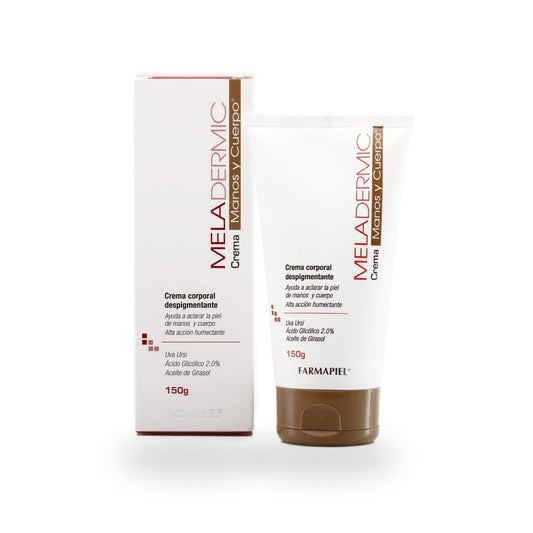 MELADERMIC Crema Corporal Despigmentante para Manos y Cuerpo | Unifica el Tono y Previene las Manchas y Pecas | Axilas, Codos, Rodillas, Cuello, Manos | Hidratación Profunda Antimanchas | 150 gr