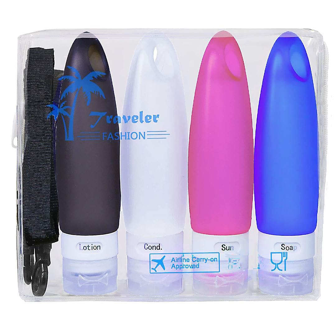 SMING Portable Soft Silicone Travel bottles Set TSA Approved Carry On Shampoo Conditioner Bottle Leak Proof Design BPA Free for Cosmetics 3.3 Oz with Shower Lanyard in EVA Bag(4 Pack (multi))