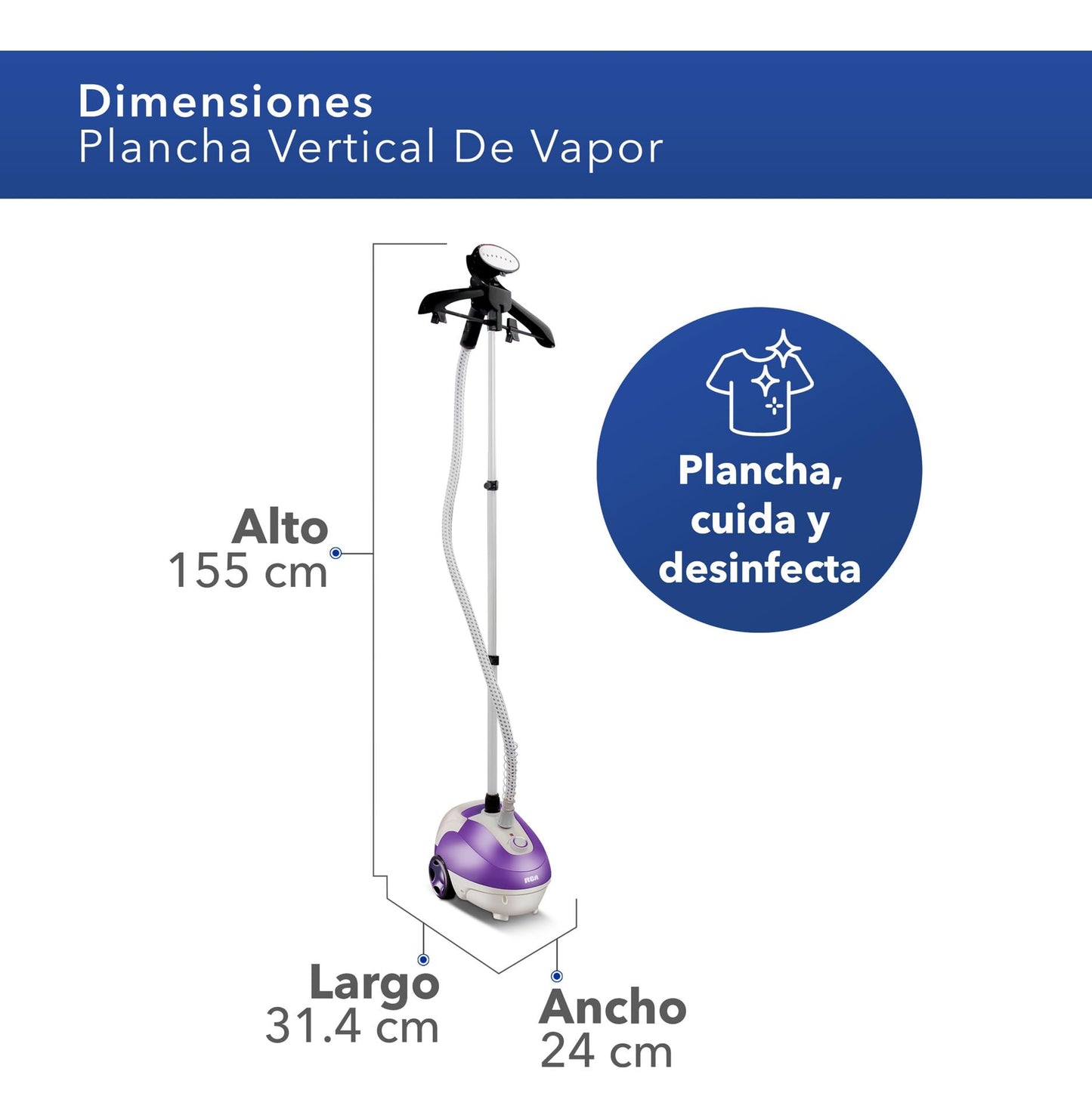 Plancha de Vapor Vertical RCA morada Capacidad 1.3 Litros con Tubo Ajustable y Vapor Continuo